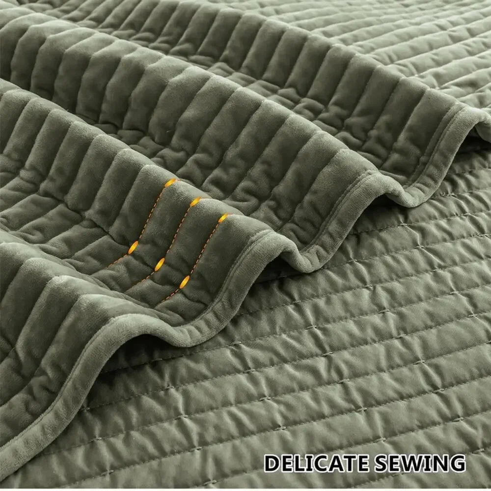 🆕 Luxury Velvet Quilt Coverlet Set Olive Green King Hotel Bedding NEW NWT